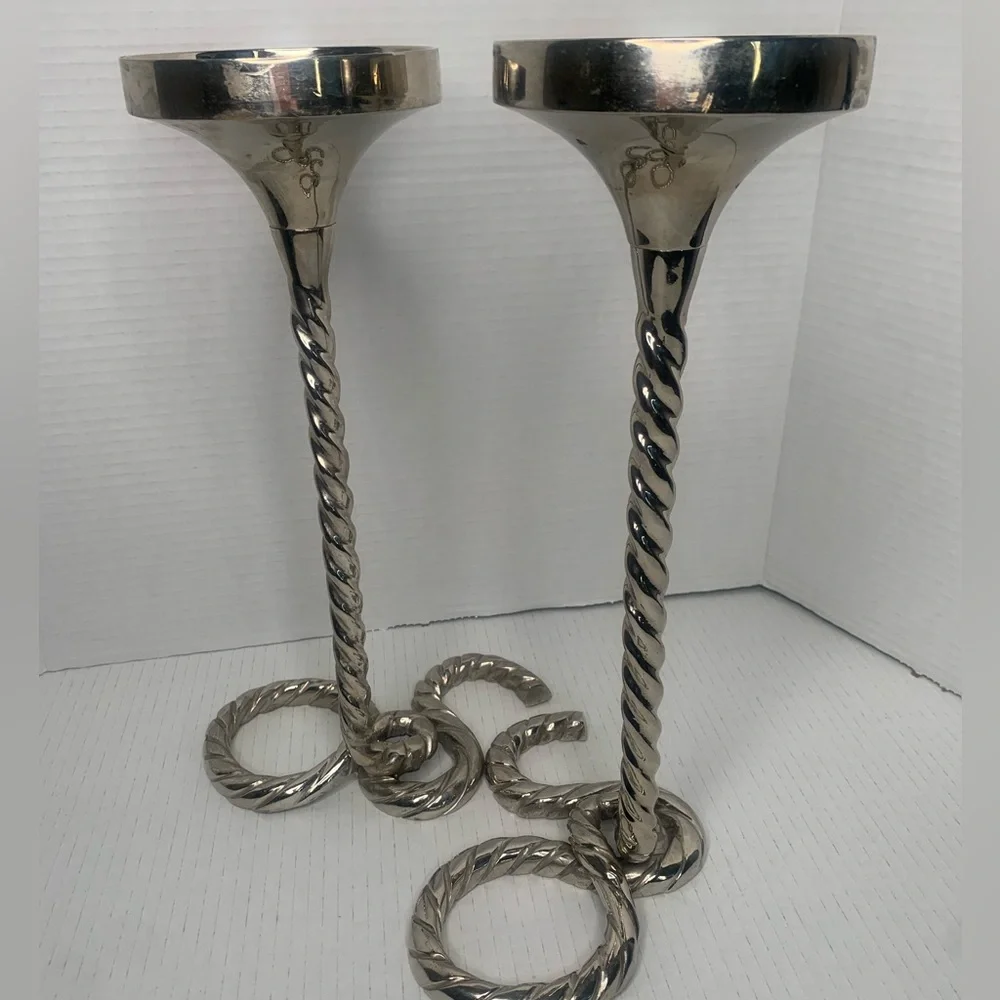 WEST ELM SILVER DECORATIVE SPIRAL PILLER CANDLE HOLDERS 3x3 size